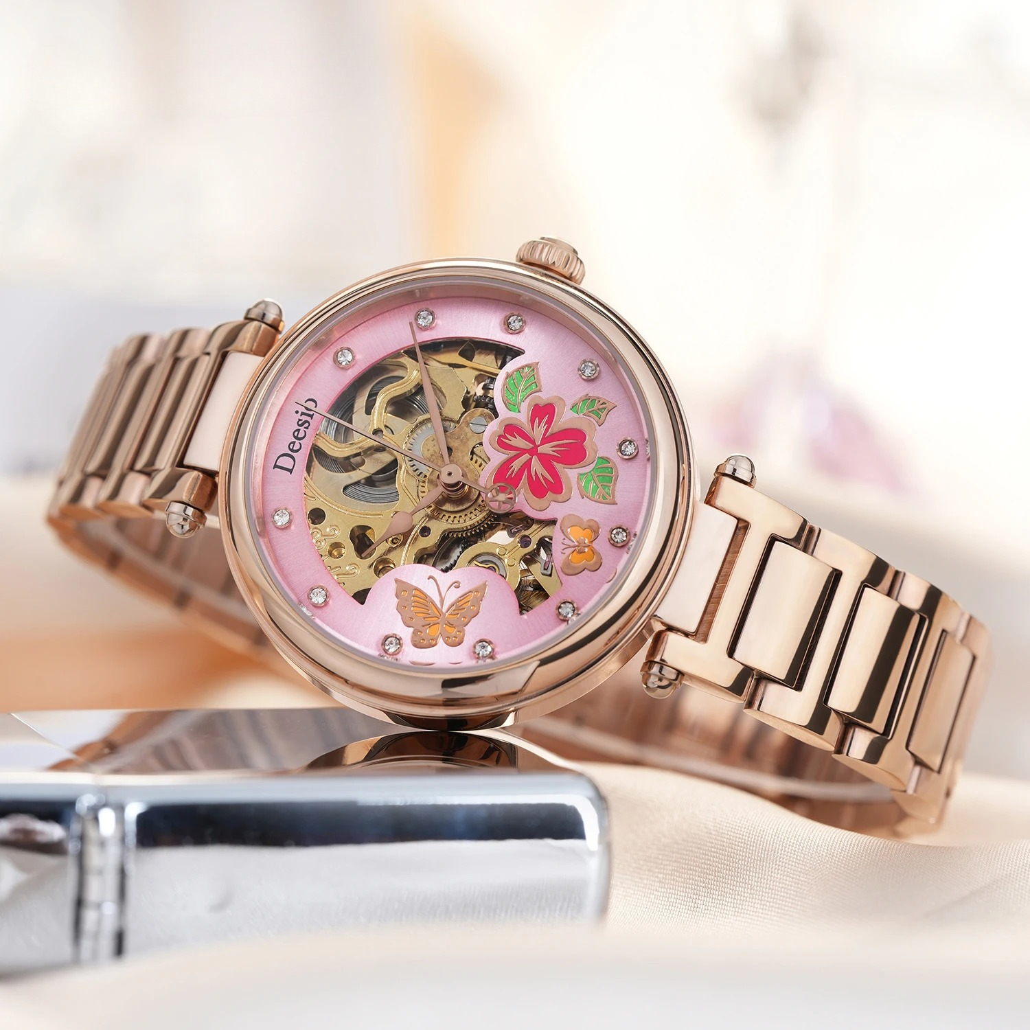 Skeleton Mechanical Watch - Deesio Skeleton Dial Pink Floral Butterfly