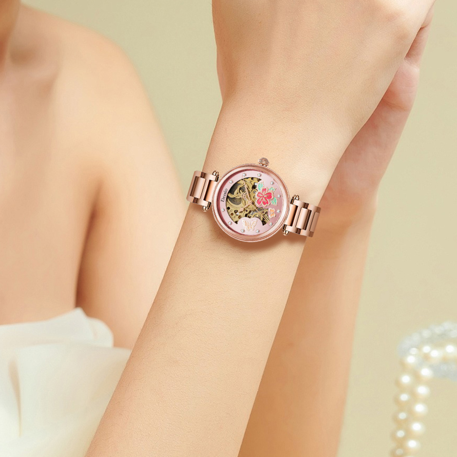 Deesio Skeleton Dial Pink Flor - Skeleton Mechanical Watch avis et prix