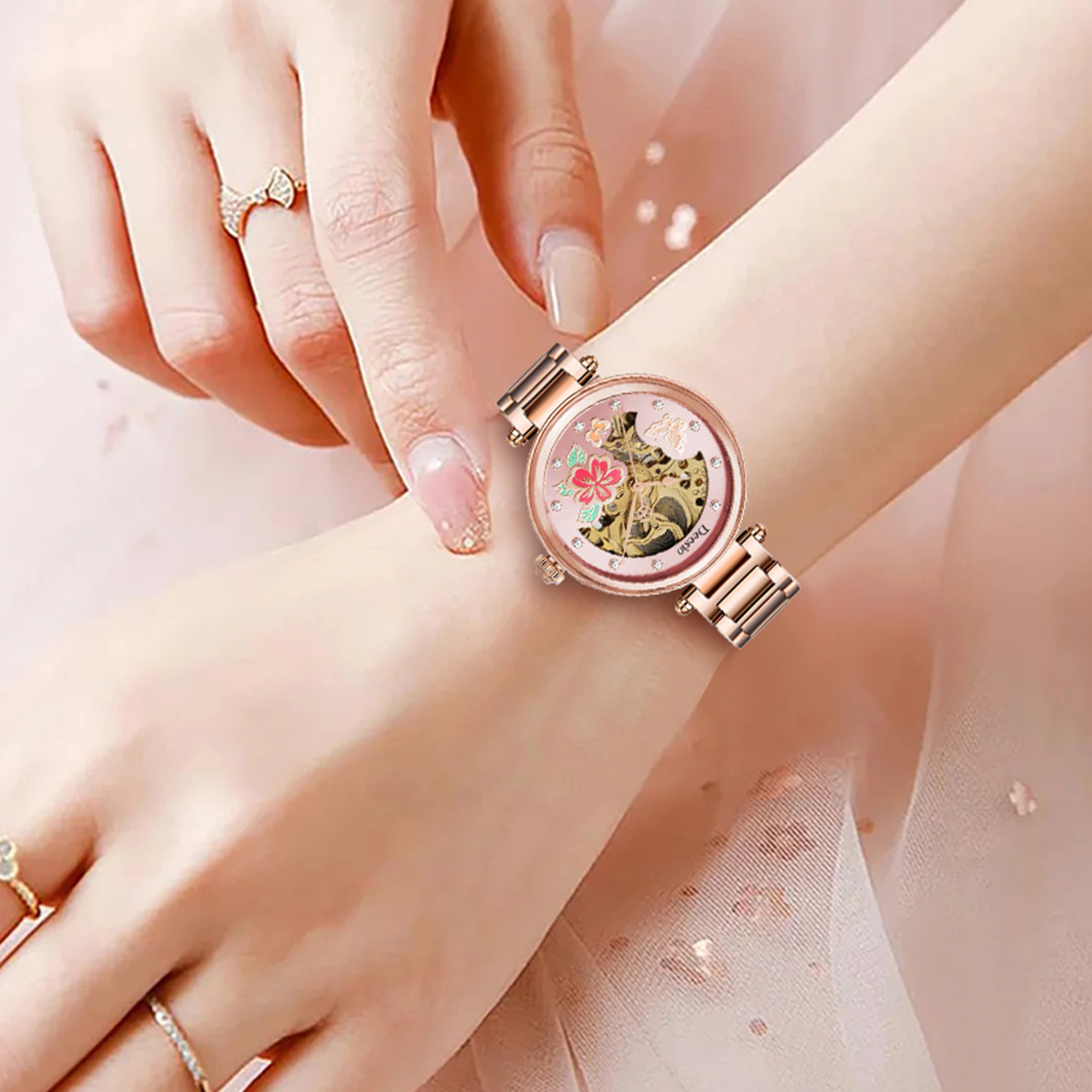Deesio Skeleton Dial Pink Flor - Skeleton Mechanical Watch avis et prix