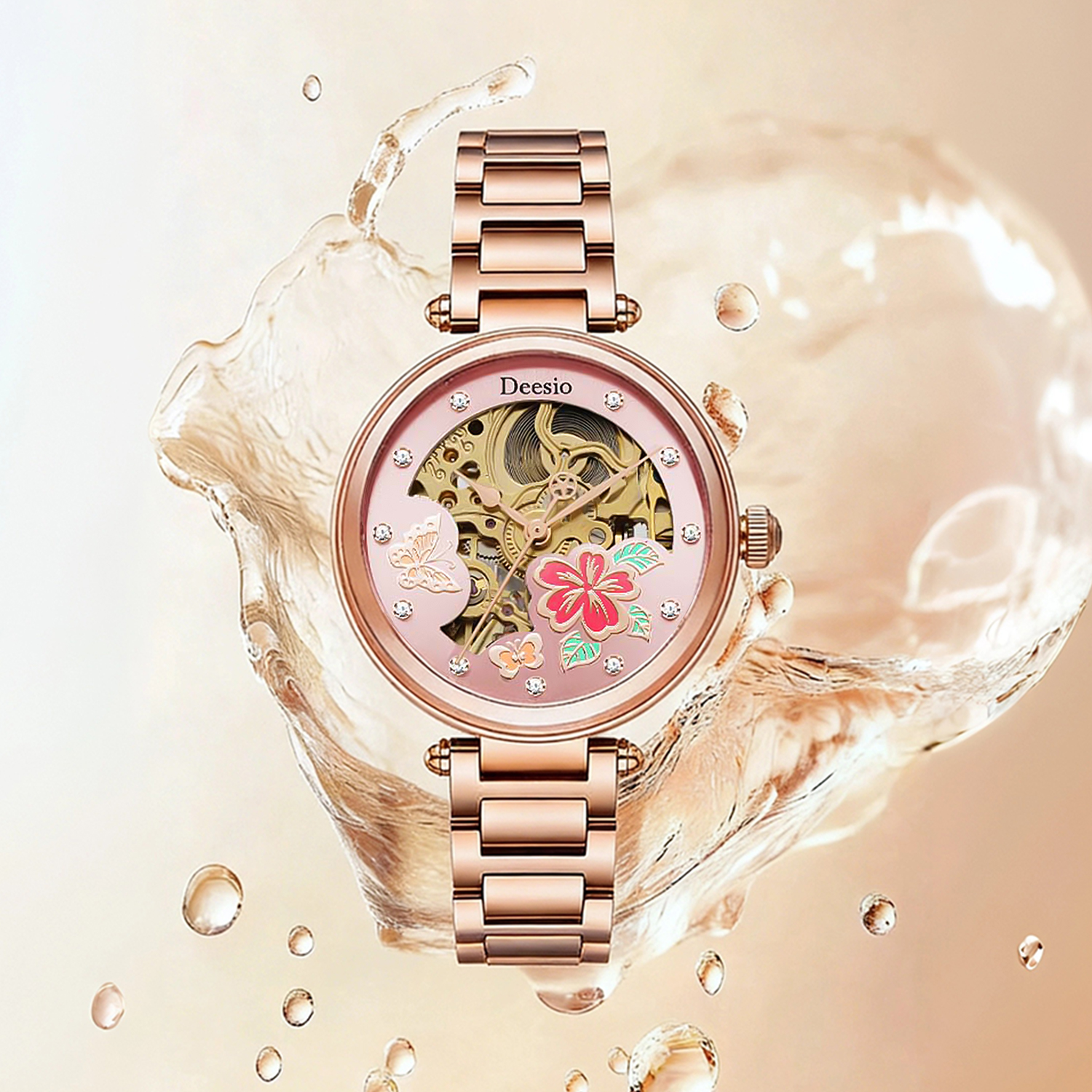 Deesio Skeleton Dial Pink Flor - Skeleton Mechanical Watch avis et prix